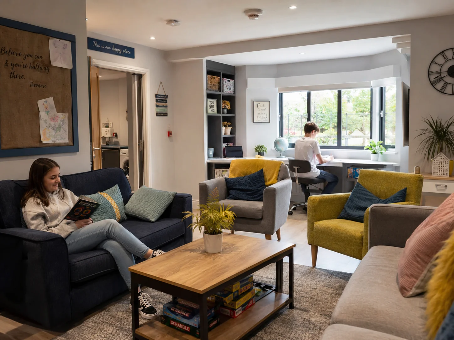 Comfortable shared living room with space for quiet activity